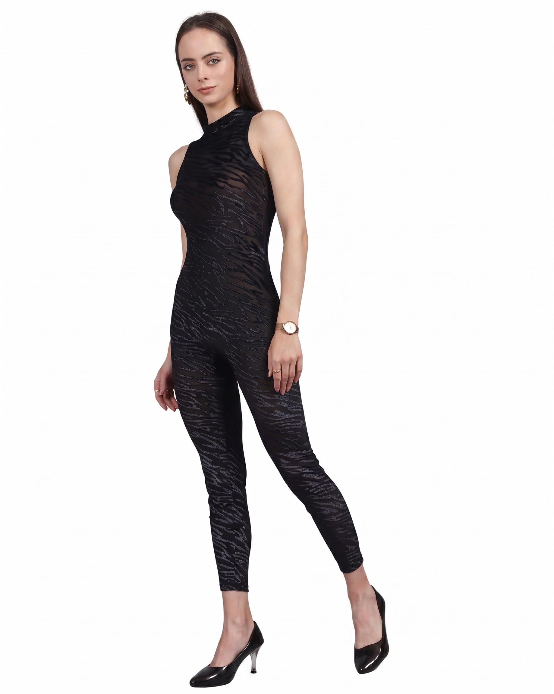 Women's Black Sheer Mesh Jumpsuit, Sleeveless Halter Neck, Animal Print, Form-Fitting Catsuit-picture-37