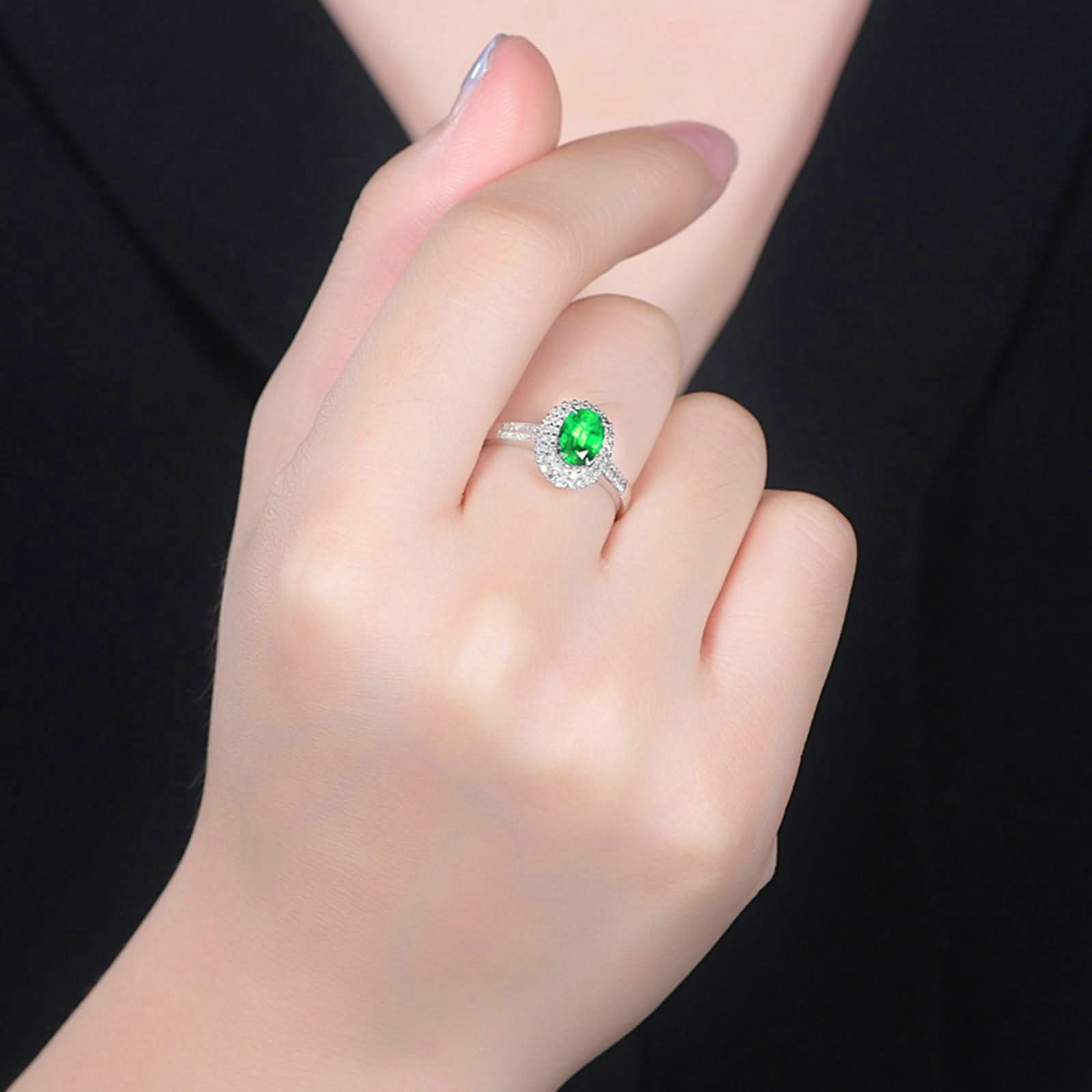 Obrączki ślubne z białego złota dla kobiet 375/585/750, 4 szczęki owalne 1,1 ct szmaragd i diament, pierścionek ze srebrno-zielonymi obrączkami dla kobiet