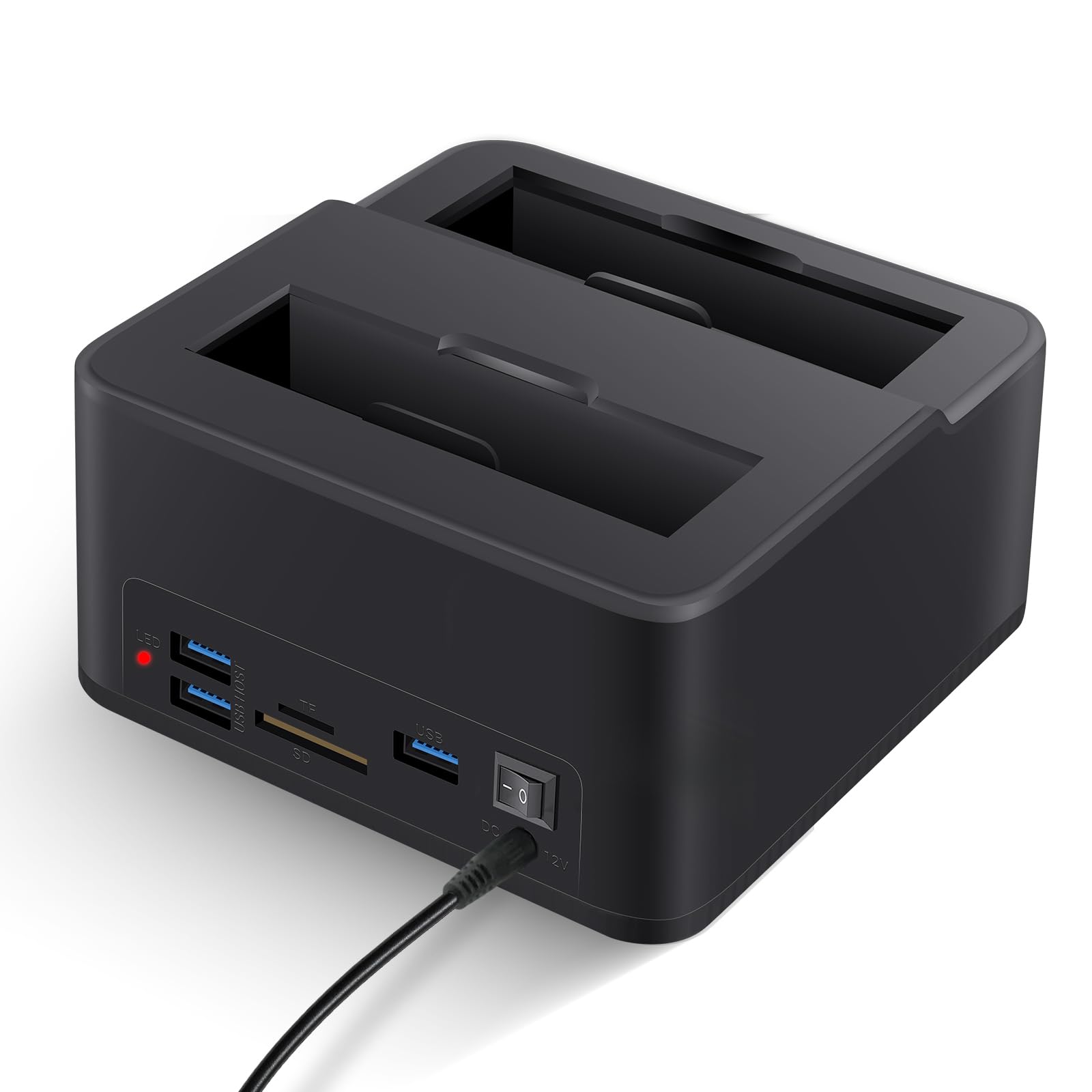 Docking station USB 3.0 doppio alloggiamento per dischi rigidi/SSD SATA da 2,5"/3,5" (fino a 2x16TB) con lettore di schede SD/microSD integrato. Supporta la clonazione offline, Plug & Play
