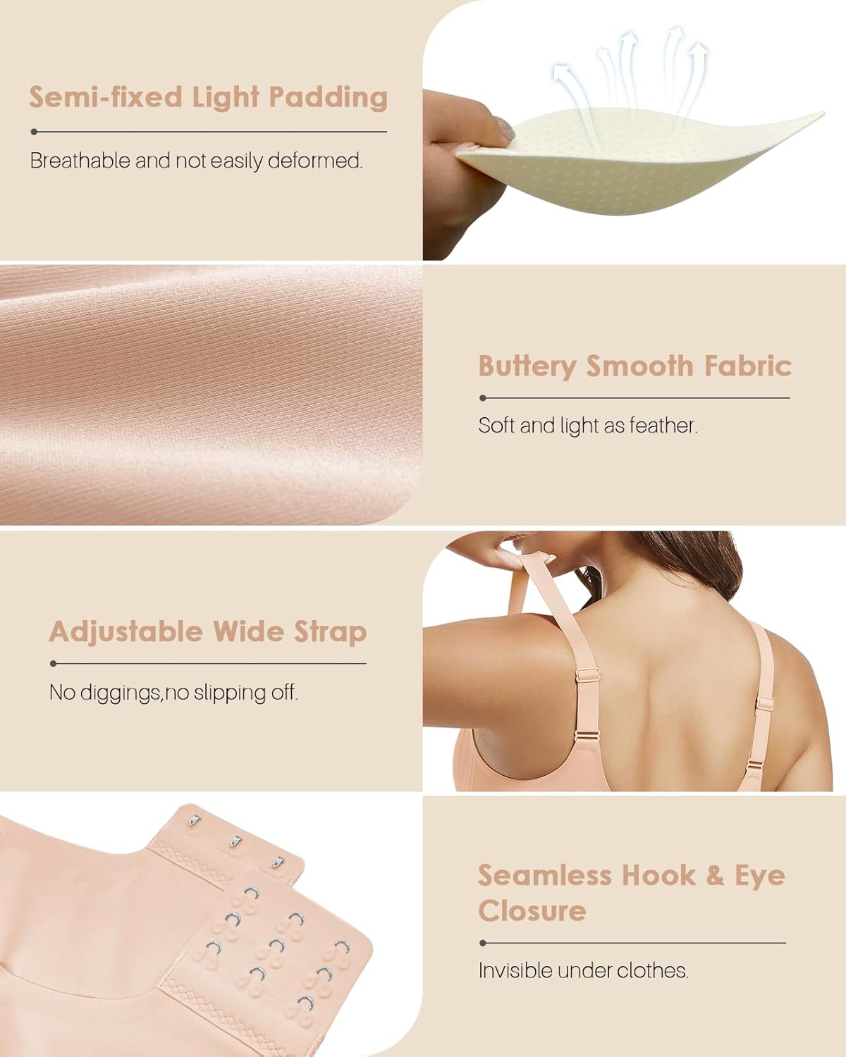 Scalloped Bras No Underwire Padded Push Up Wireless V Neck Seamless Back Smoothing Bra with Support - Image 5