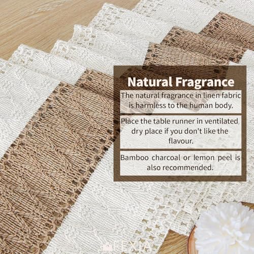 Image of FEXIA Boho Table Runner for Summer Home Coffee Decor with Tassels 48 Inches Long Farmhouse Rustic Table Cloth Cream & Brown Macrame for Kitchen Dining Bedroom Decor Bridal Shower (12x48 Inches)
