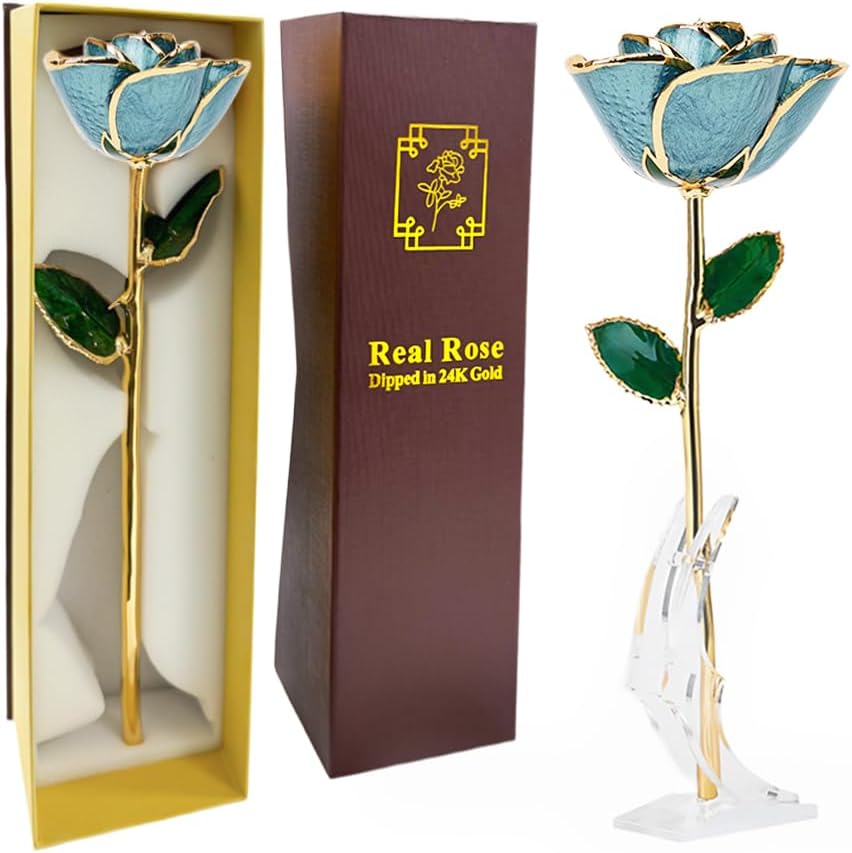 Gold Dipped Light Blue Roses - Dipped 24K Gold Real Rose - Genuine One of a Kind - Eternal Romantic Present for Her - Ideal for Valentine's Day, Mother's Day, Anniversary, Birthday