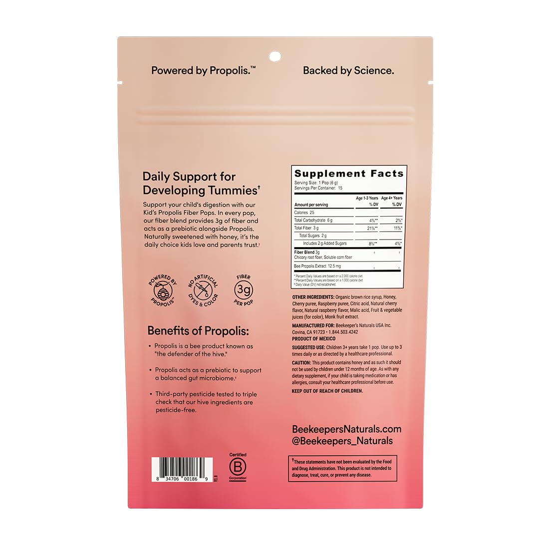 Kids Prebiotic Fiber Lollipops by Beekeeper's Naturals - Doctor Formulated Fiber Supplement, Supports Digestive Regularity, 3g of Fiber & Honey, Raspberry Blast & Sweet Cherry Variety Pack, 15 ct