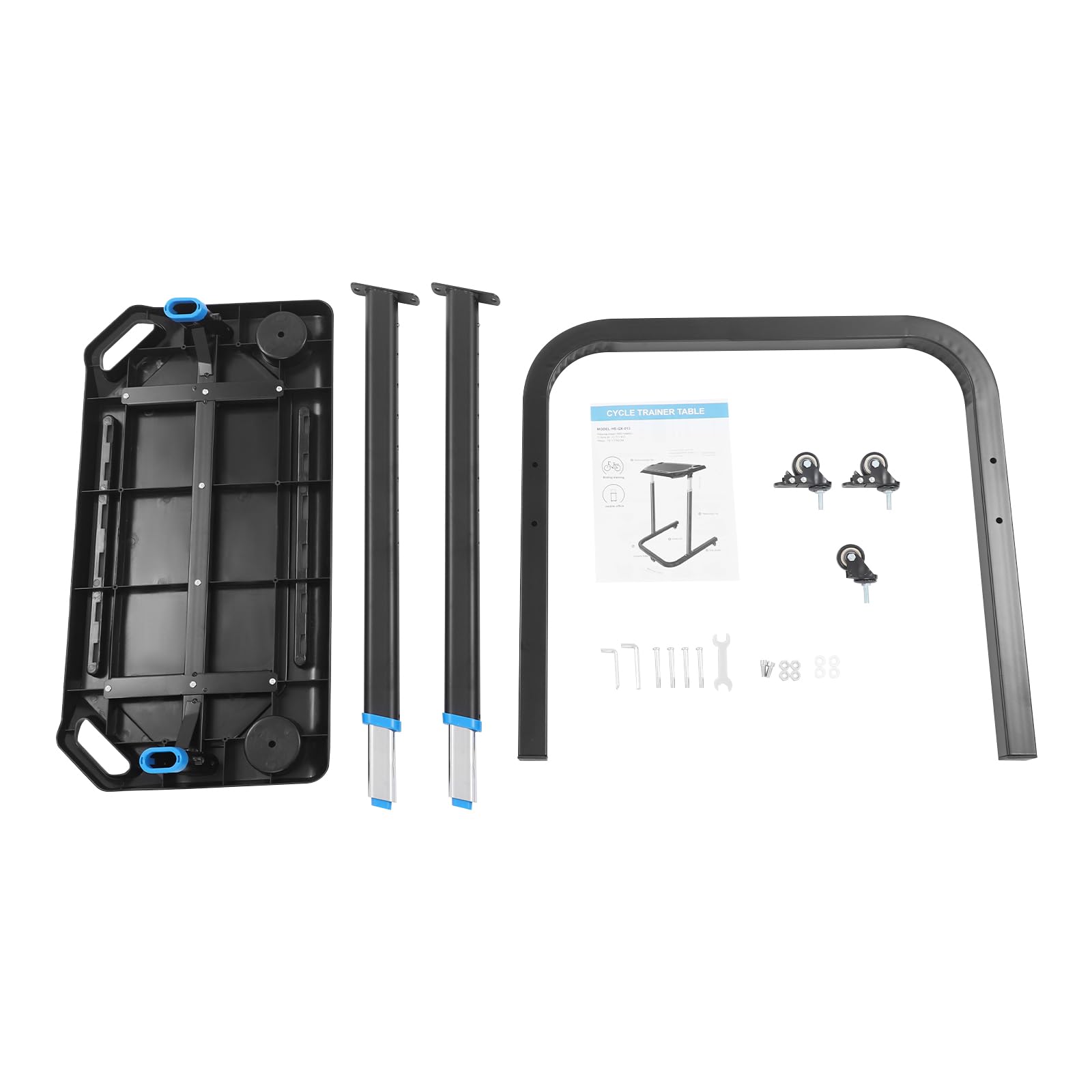 Fahrrad Trainingstisch Höhenverstellbar Rollentrainer Schreibtisch mit Feststellbaren Rollen, rutschfeste Arbeitsfläche, Tablet/Smartphone Halterung & 2 Getränkehalter, für Indoor Cycling Heimtrainer