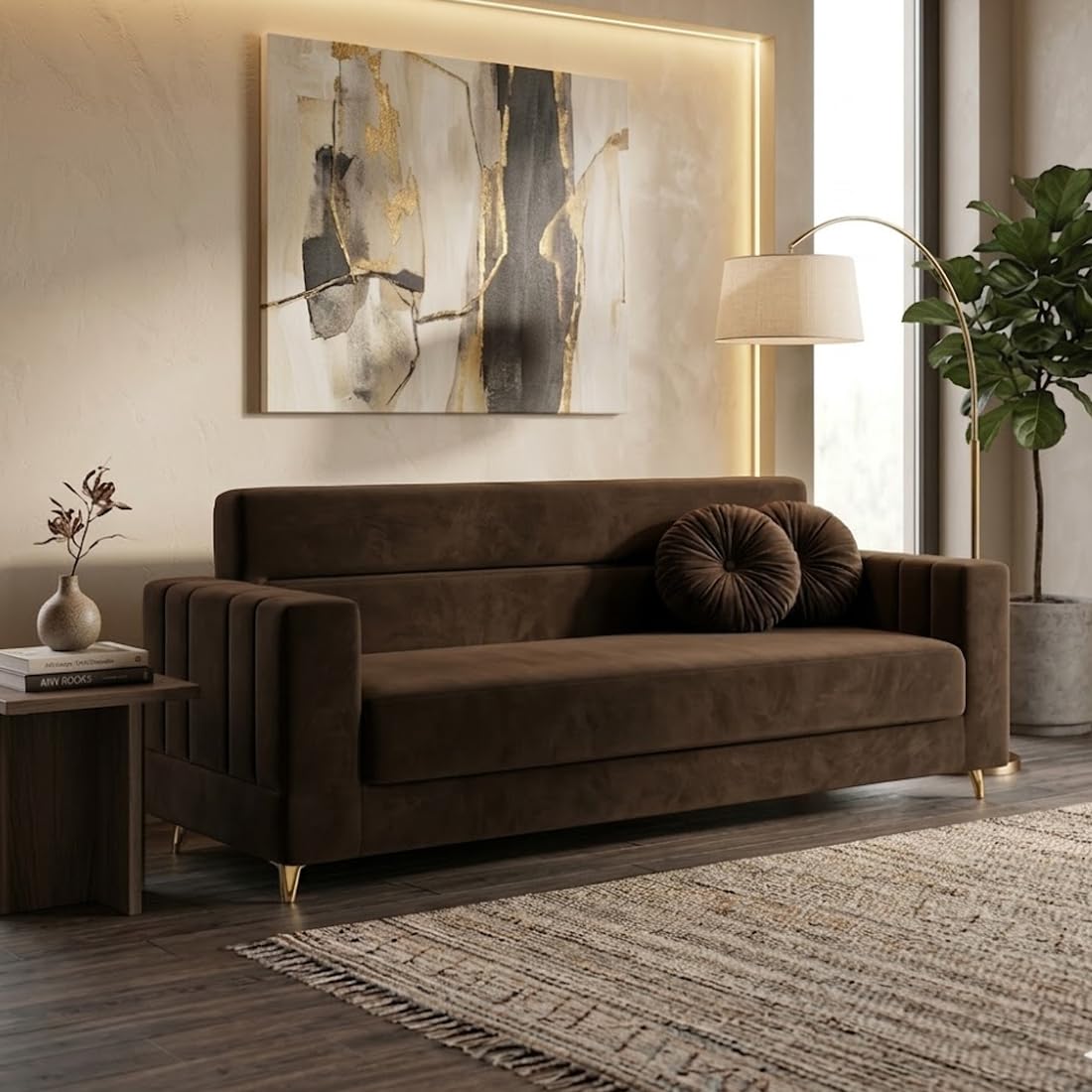 Alvaro Marco 3 Seater Premium Velvet Fabric Sofa Set with 2 Cushions, Space Saving Living Room Furniture for Home & Office - Dark Brown-image-17