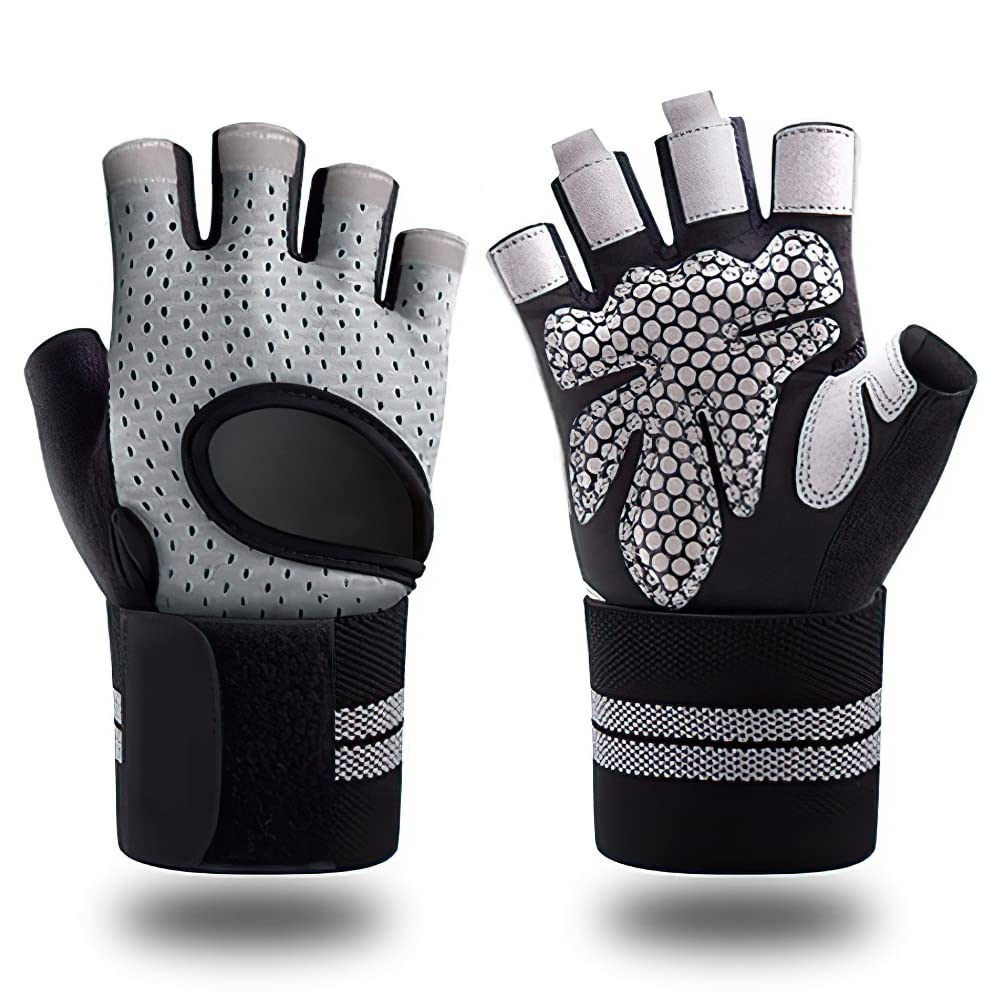 par de guantes de entrenamiento sin dedos para hombres y mujeres, guantes de levantamiento de pesas con muñequeras, soporte para entrenamiento en gimnasio, protección completa de la palma, gris,