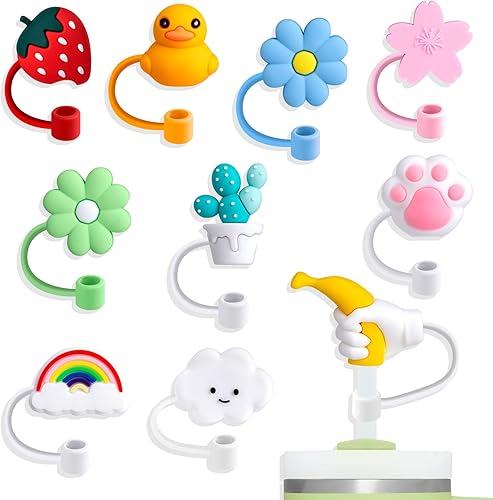 Miniatura 1 de 10 fundas grandes para pajilla, de 0.31 a 0.39 pulgadas (0.315-0.394 in), reutilizables, de silicona, con forma de sandía, oso, pato, flores, tapas