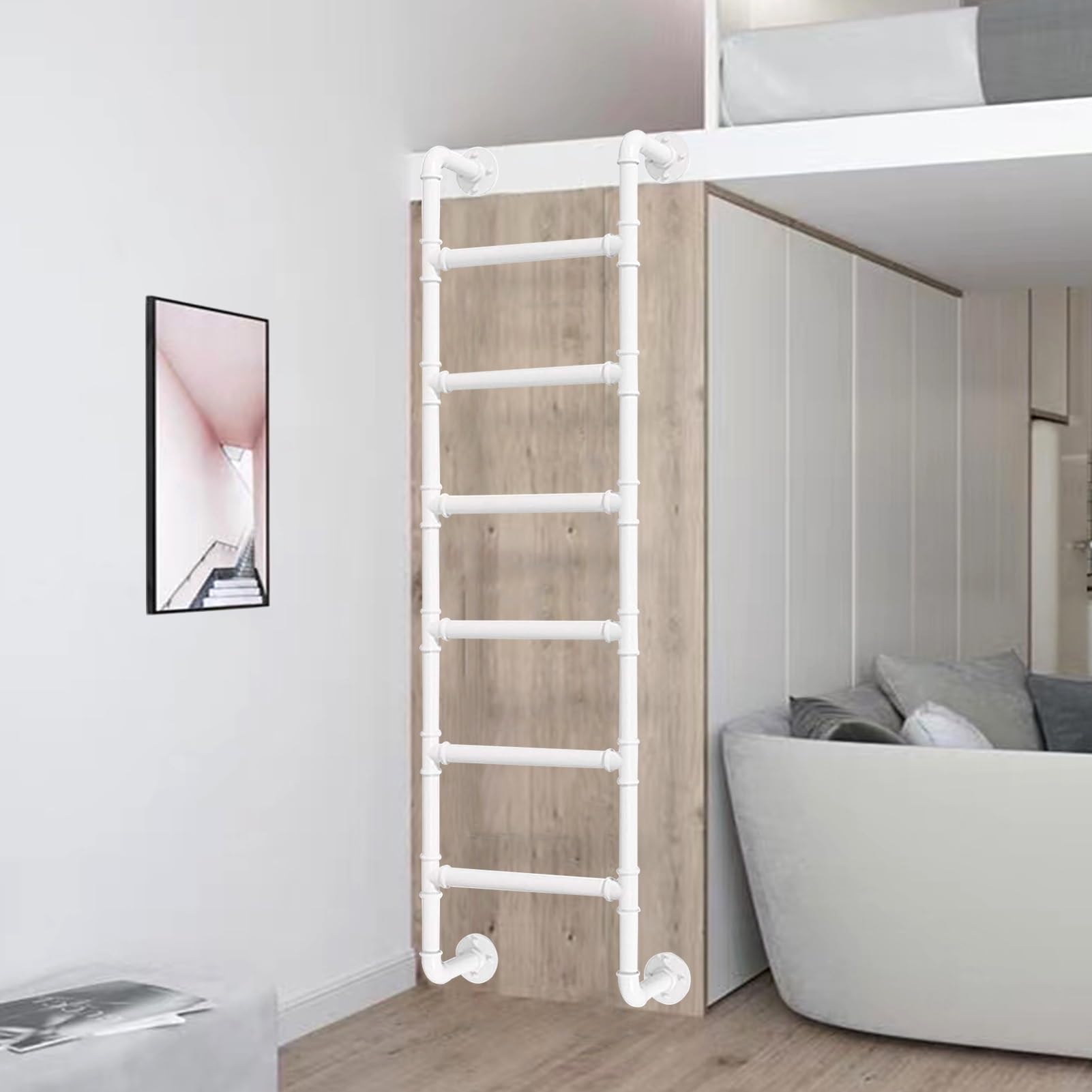 Escalera de hierro forjado de 5 peldaños para el ático, escalera de metal blanco para camas altas, sótanos, terrazas al aire libre, casas rodantes, apartamentos (230 cm)