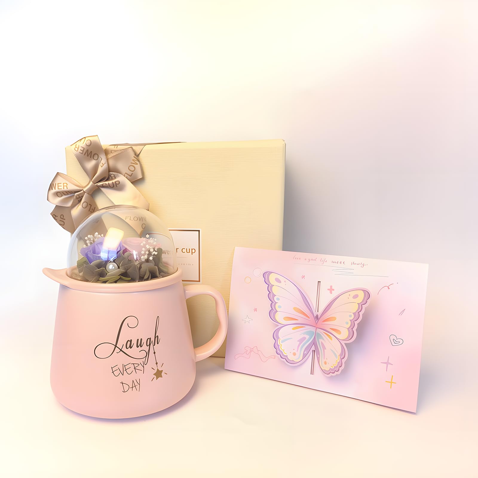 Tasse à café avec couvercle – 2 roses éternelles (rose et lilas), coffret cadeau pour elle/épouse, Saint-Valentin, fête des mères, anniversaire de mariage, Noël, coffret cadeau inclus