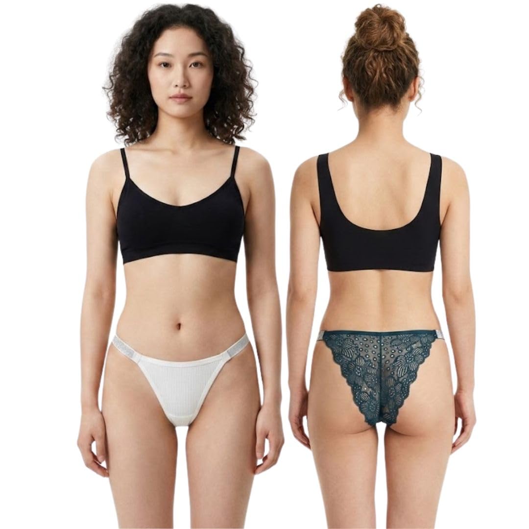 Women's Lace G-String Thong Panty | Low Rise Bikini Brief | Soft Stretch Breathable Underwear Pack of 2 (Rama-White)-picture-32