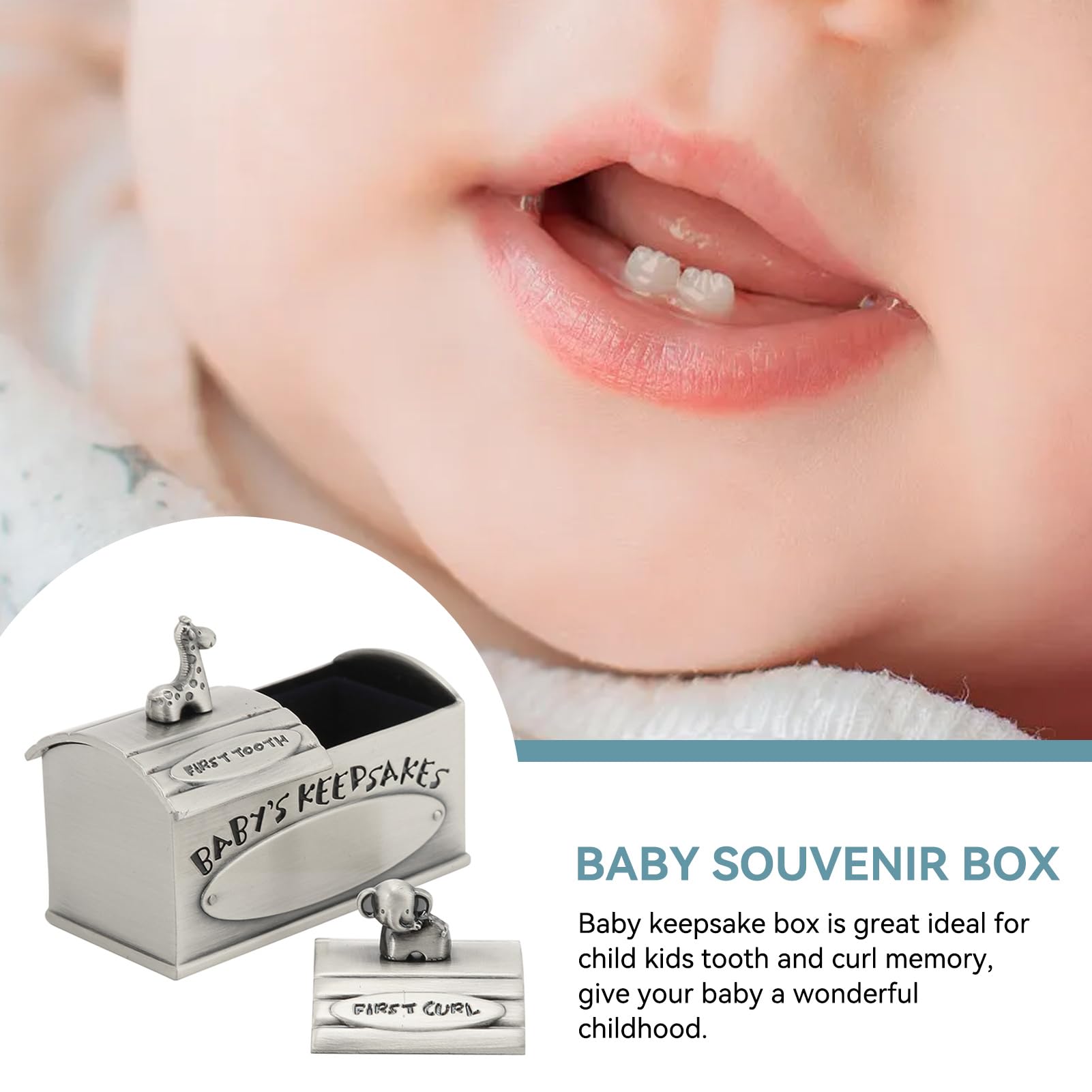 Baby Keepsake Box, Cartoon Design Keepsake Boxes with Lids for Baby First Tooth and Curl Keepsake Box Metal Tooth Keepsake Box Childhood Souvenir Gift (Sliver)