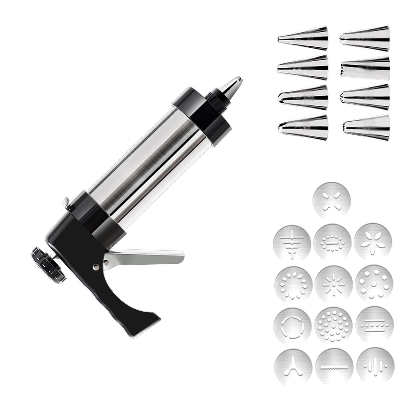 Stainless Steel Cookie Press Gun for Baking with 13 Discs and 8 Decorating Nozzles