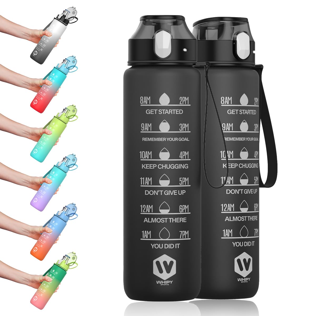 WHIPY 1L Water Bottle with Straw - Leak-Proof & BPA Free Reusable Sports Bottle - Motivational Time Markings for Hydration Durable Drink Bottle for Gym, Sports (Black)