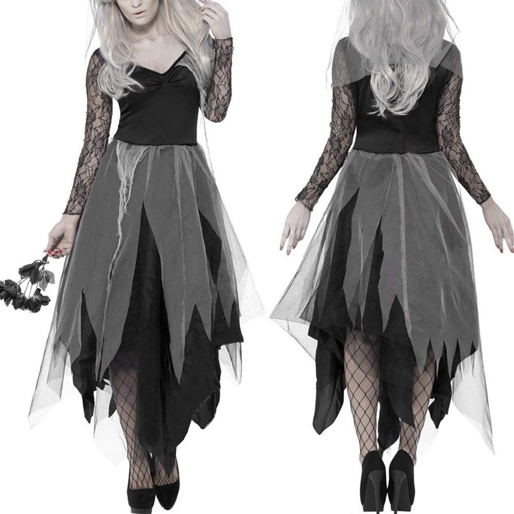 Zhangmei Women's Black Halloween Corpse Bride Costume Adult Zombie Vampire Dress Graveyard Party Outfit Dresses ,Xl