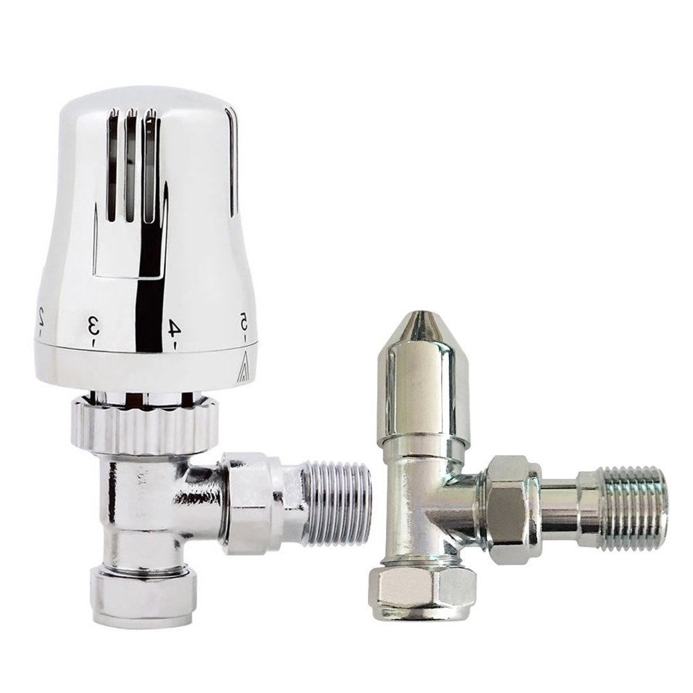 Válvulas de toallero de radiador de diseño en ángulo con Control termostático Cromado Moderno Grifos de calefacción Central TRV de 15 mm con válvula en ángulo Manual Gratuita