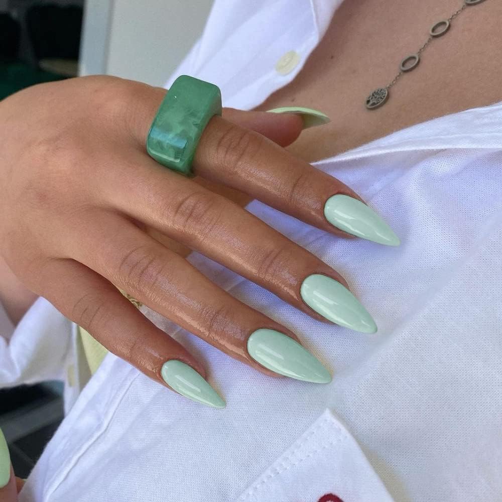 KQueenest Soft Gel Press on Nails Almond Medium, Mint Green False Nails Almond, Glossy Solid Color Stiletto Fake Nails Set - Image 2