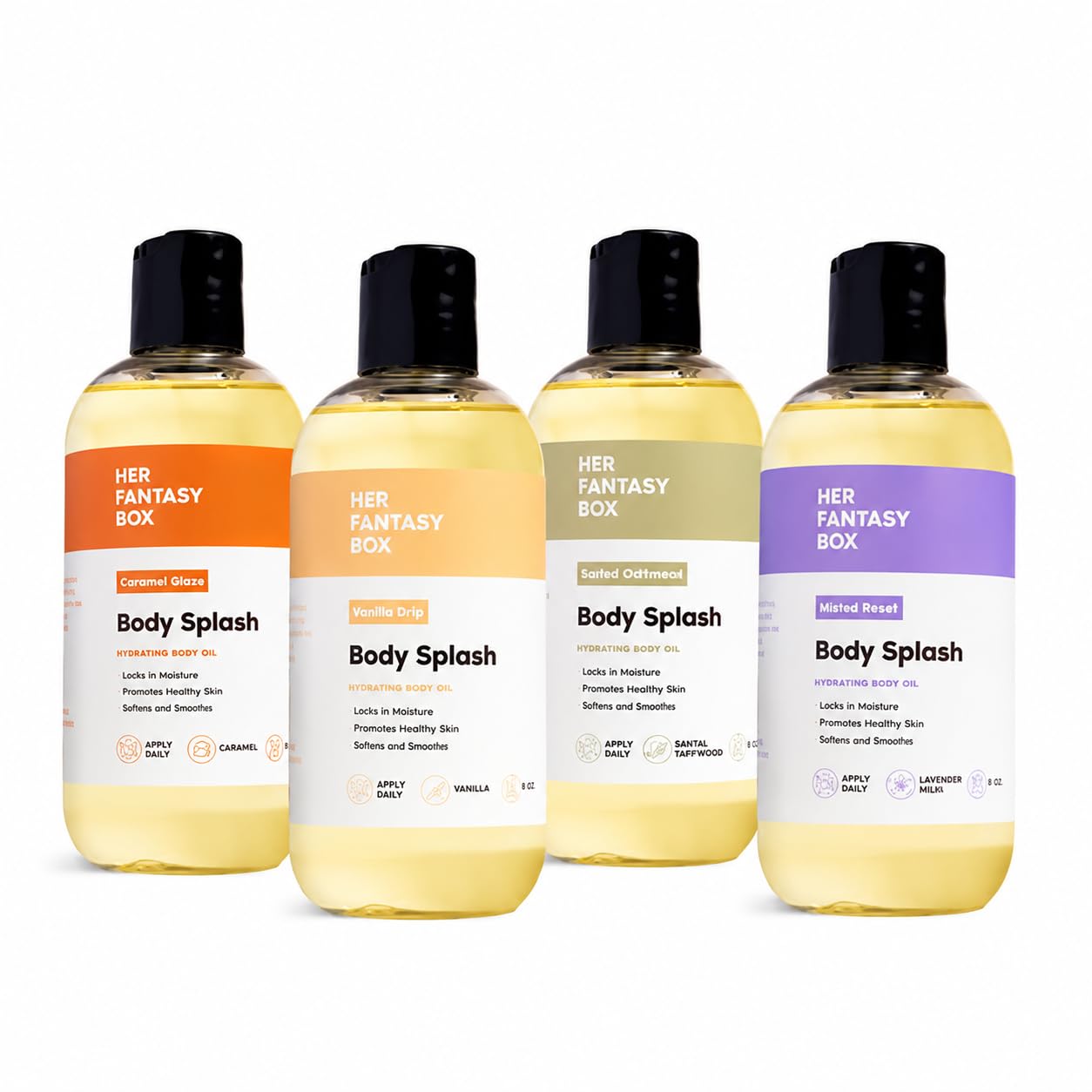 Her Fantasy Box | Body Splash | Body Oil Gift Set – Lightweight Hydrating Glow Oil, Vanilla, Caramel, Lavender, Sandalwood Scents – Vegan Body Splash Oils, 4 Pack