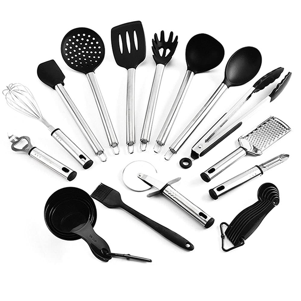 Küchenhelfer aus Silikon, schwarz, antihaftbeschichtet, Küchenspatel, Pfannenwender, Zubehör, hitzebeständige Sets von Edelstahlgriff, Cookware