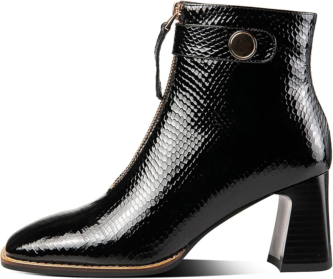 TinaCus Patent Leather Women's Handmade Chunky Heel Side Zip Up Square Toe Ankle Boots with Front Zipper Decor
