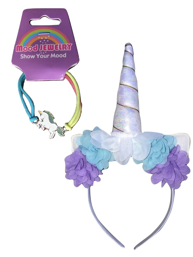 DELUXE White Pearl Unicorn Horn HEADBAND w/MOOD BRACELET Rose Flower, Animal Ears, Gold Spiral Trim - Birthday Party Cosplay Costume Valentines Day Gift Headwear Headdress Adults Kids Girls