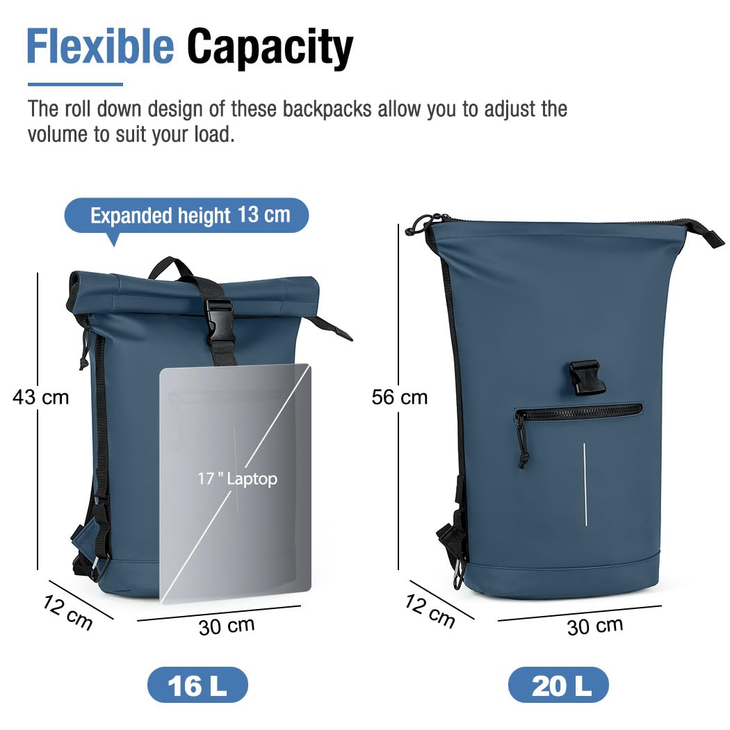 Lekeinchi Zaino Rolltop Uomo Donna Porta PC 17 Pollici | Zaino Impermeabile Uomo Donna - Rains Zaino con Strisce Riflettenti - Zaino da Viaggio Espandibile - Casual Lavoro Università - Blu