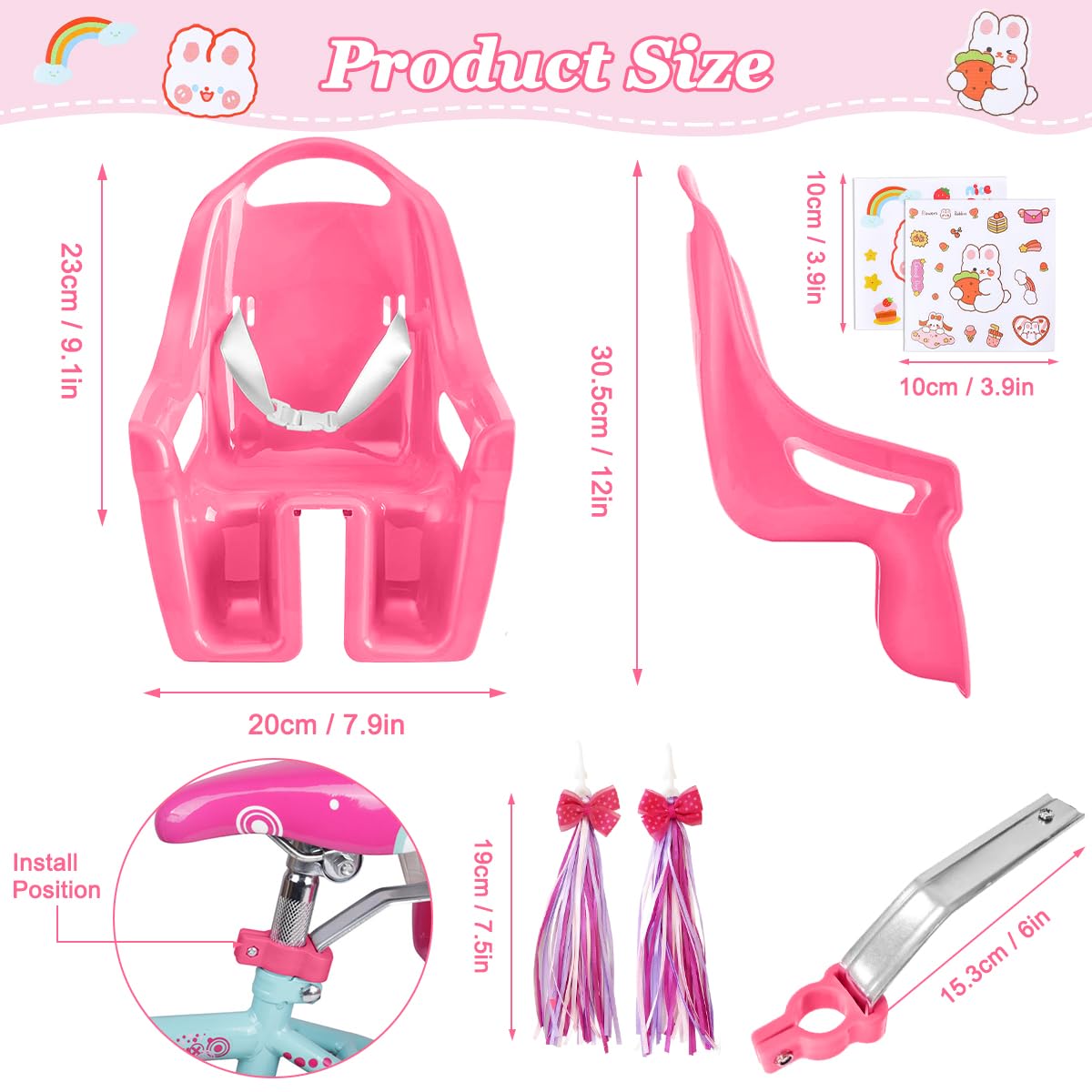 Seggiolino per Bicicletta per Bambole, Set di Sedili per Biciclette di Bambole con Adesivi Fai da Te e Manubrio Stelle Filanti, Accessorio Bicicletta per Bambini