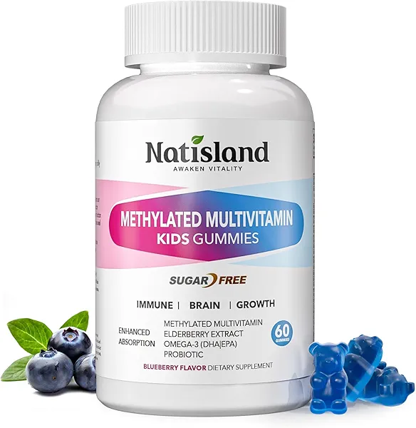 NATISLAND Kids Methylated Multivitamin - MTHFR Multivitamin for Kids & Teens 4+, L Methylfolate & B12, with Vegan Omega-3, Zinc, Probiotics & Elderberry, Immune Support, Brain Health, Sugar-Free
