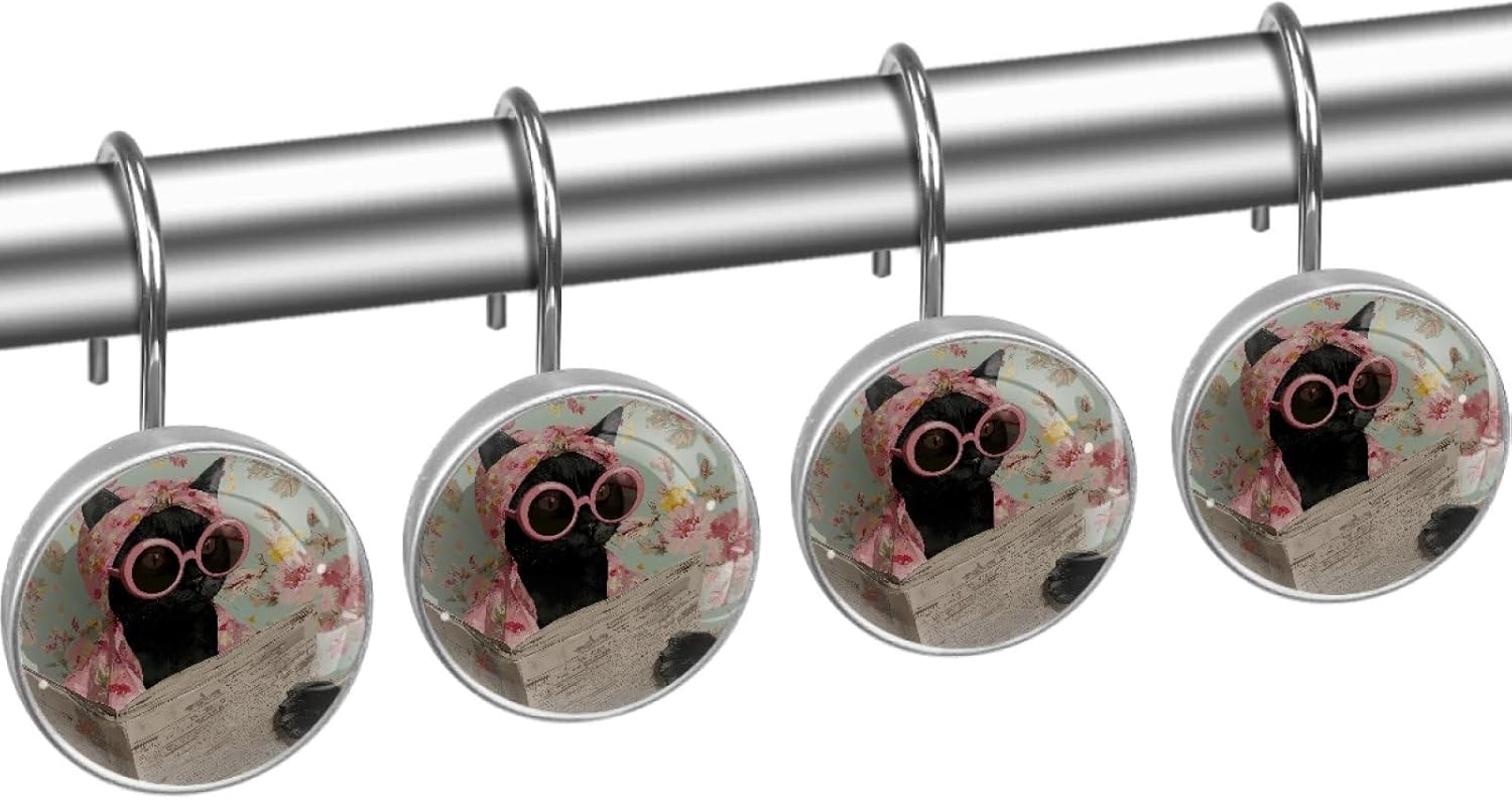 12 PCS Elegant Cat Reading Newspaper Shower Curtain Hooks, Rustproof Crystal Glass Shower Curtain Rings Decorative Shower Hooks, Round Shower Rings Hangers, Home Bathroom Bedroom Decor