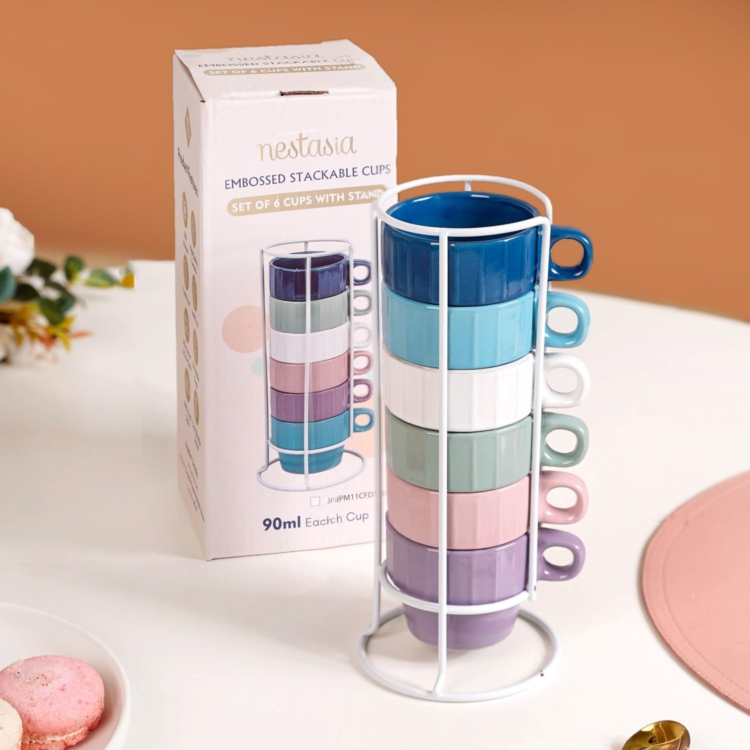 Nestasia Stackable Ceramic Espresso Cups Set of 6 (90 ml) | Colorful, Durable, and Ergonomic Design for Espresso Shots | Ideal for Gifting (Multicolour)