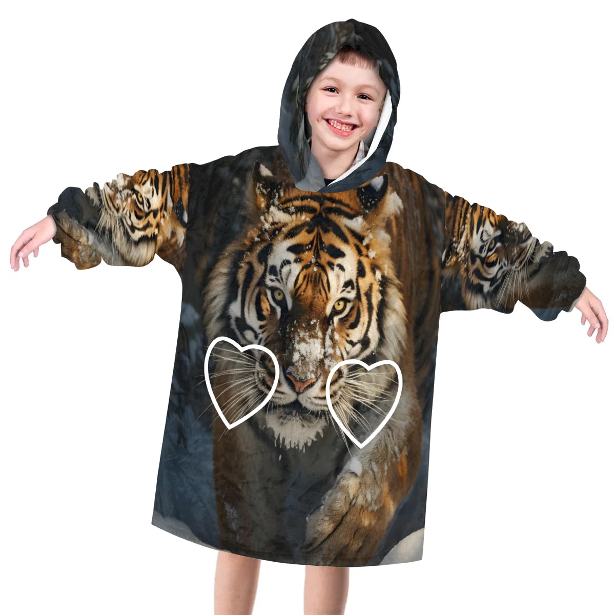 Wearable Blanket Hoodie for Kids, Majestic Tiger Fleece Sweatshirt Blanket Oversized Blanket Sweatshirt with Pocket Flannel Warm Hooded Blanket 6-10 Year Old Girl Boy Gift, One Size