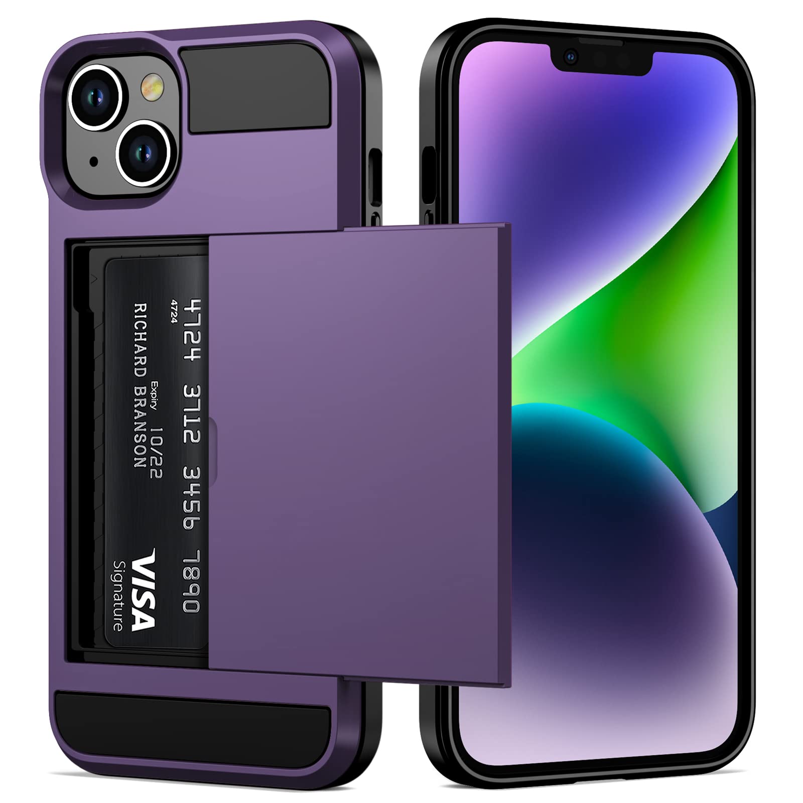 Vofolen for iPhone 14 Case Wallet Credit Card Holder ID Slot Sliding Door Hidden Pocket Men Women Anti-Scratch Dual Layer Hybrid Bumper Armor