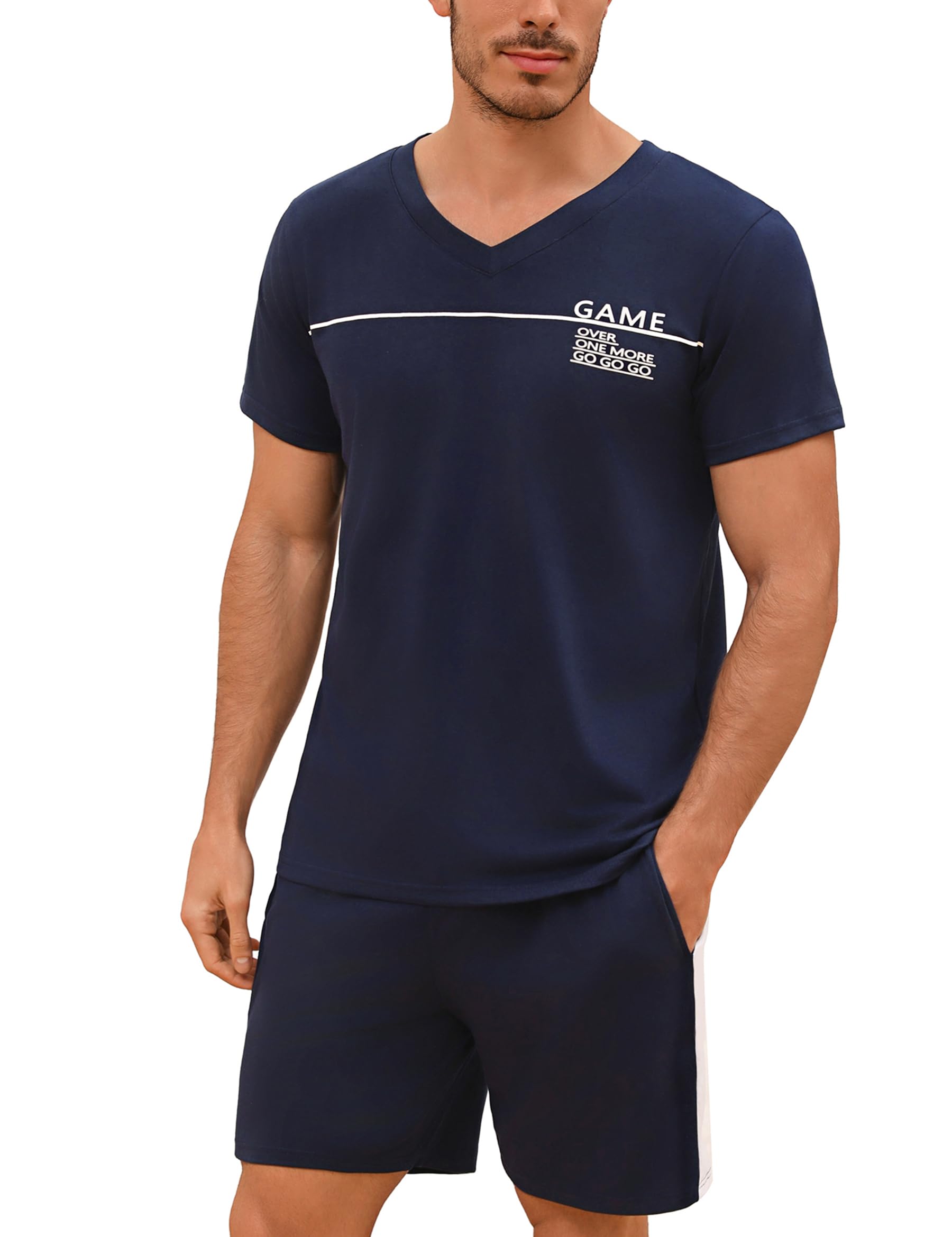 Marvmys Herren Schlafanzug Kurz Pyjama Baumwolle V-Ausschnitt Nightwear Nachtwäsche Pyjamaset Kurzarm T-Shirt Schlafanzughose Shorty