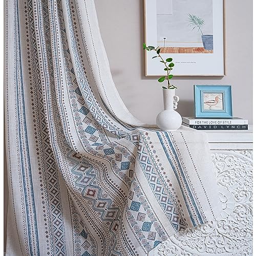 Image of MYSKY HOME Curtains 84 inches Long for Living Room Boho Linen Sheer Drapes Geometric Farmhouse Decor Light Filtering Privacy Protect Soft Touch Treatment Back Tab for Home, 50 inch Wide, Khaki, 2 Panels