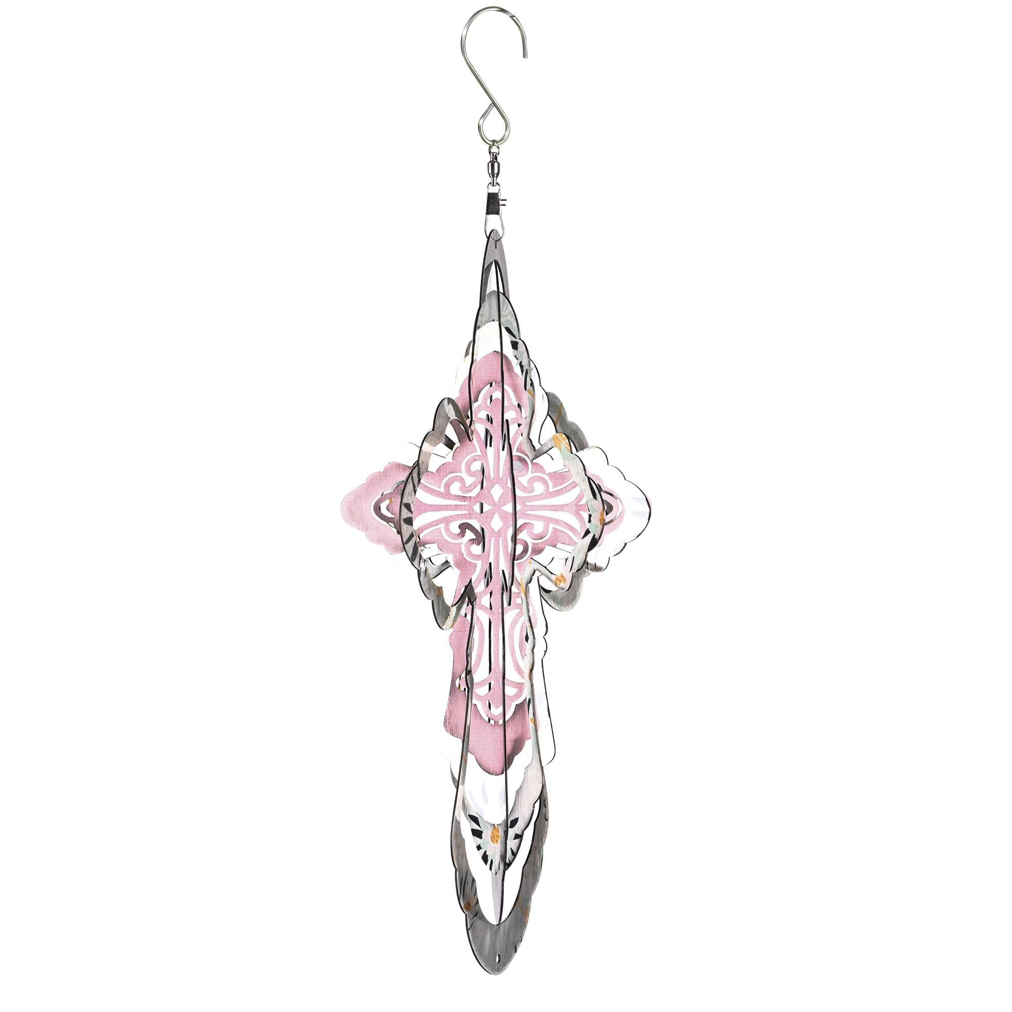 Dicksons WS-4 Cut Out Cross Shaped Pink and White 15 x 8 Stainless Steel Iridescent Outdoor Porch Deck Balcony Wind Spinner with Hanger