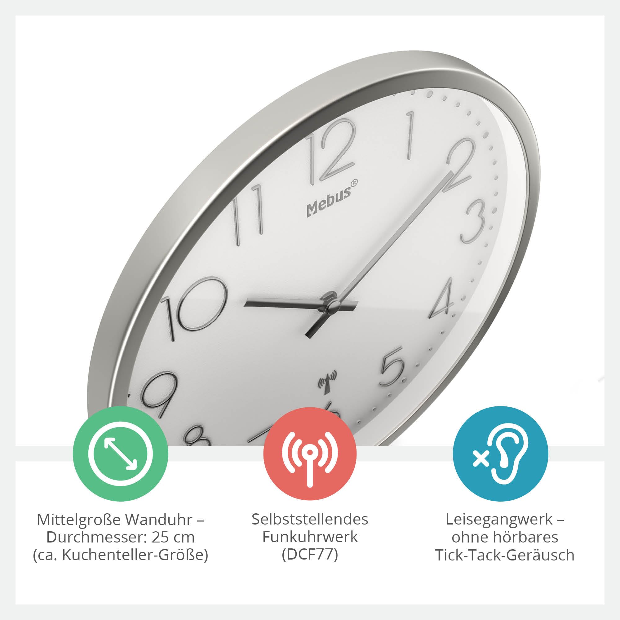 Mebus TinyTime Radio-Controlled Wall Clock without Ticking Noises Diameter 25 cm Modern Dial in White Silver Case - Image 2