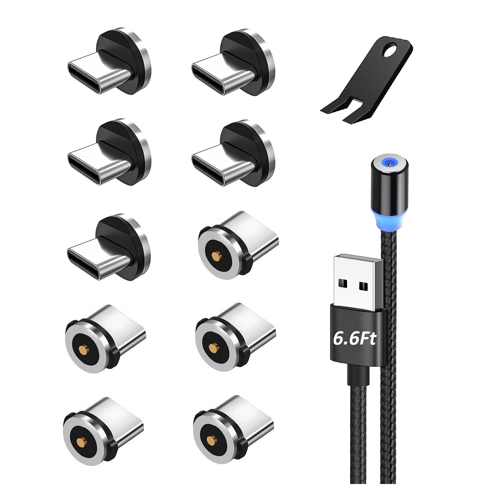 Boffdock 6.6Ft Nylon-Braided Type C Charging Cable with 10 Magnetic Tips, LED Indicator for USB-C/Type-C Devices