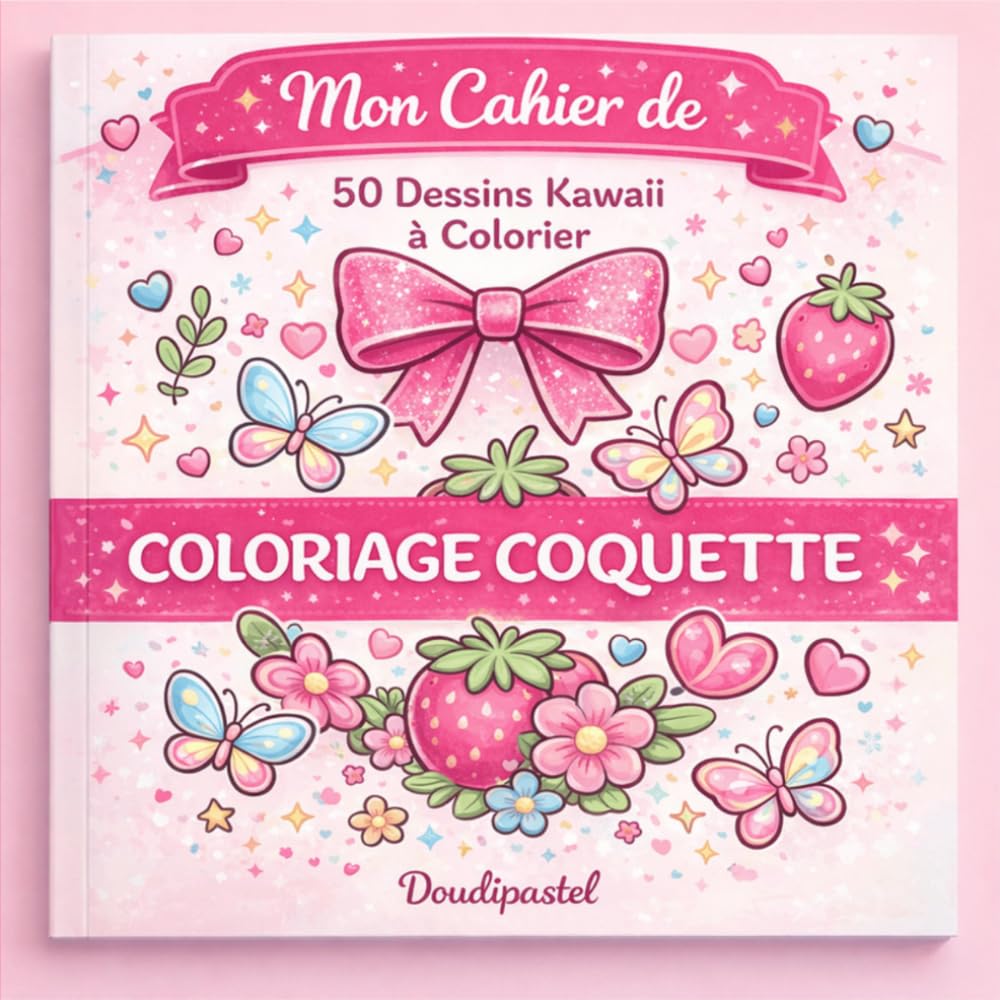 Mon Cahier de Coloriage Coquette: 50 dessins kawaii à colorier – nœuds, fraises, papillons et fleurs | cahier de coloriage pour filles dès 6 ans