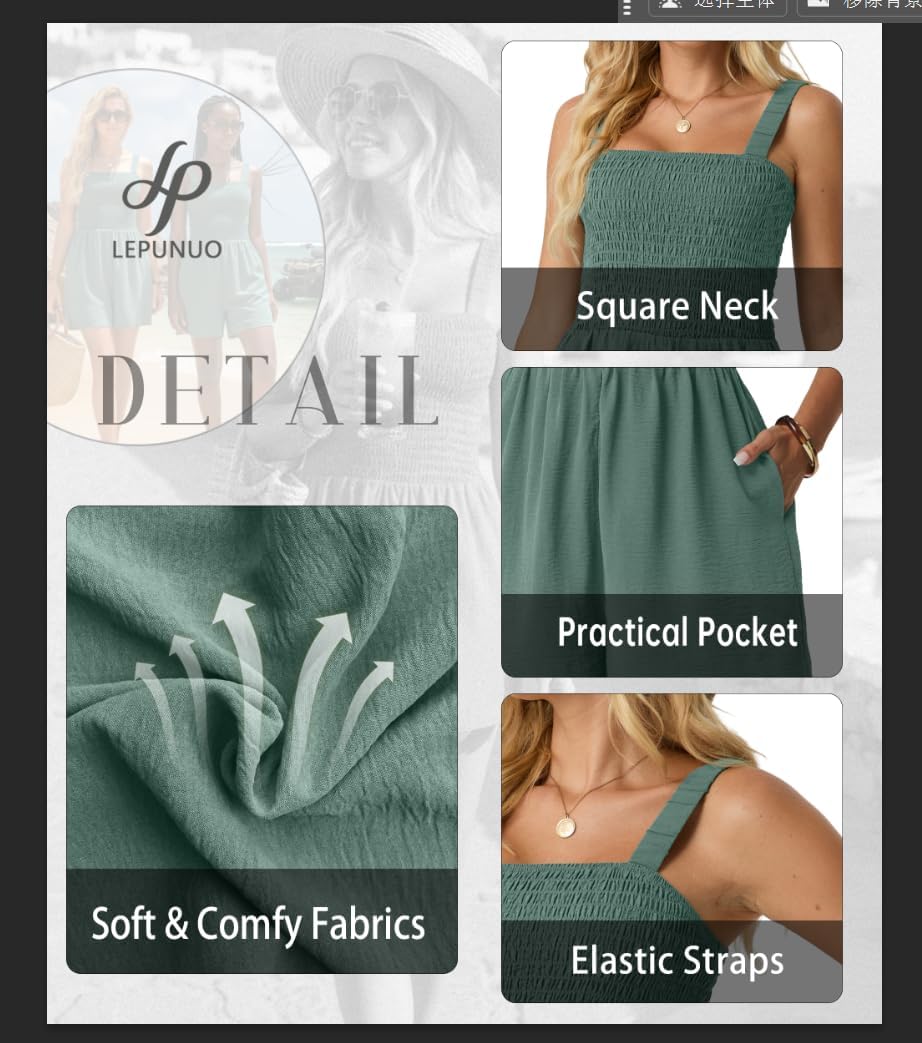 Lepunuo Womens Rompers for Summer Casual Smocked Jumpers Overalls Square Neck Jumpsuits with Pockets Beach Vacation - Image 2