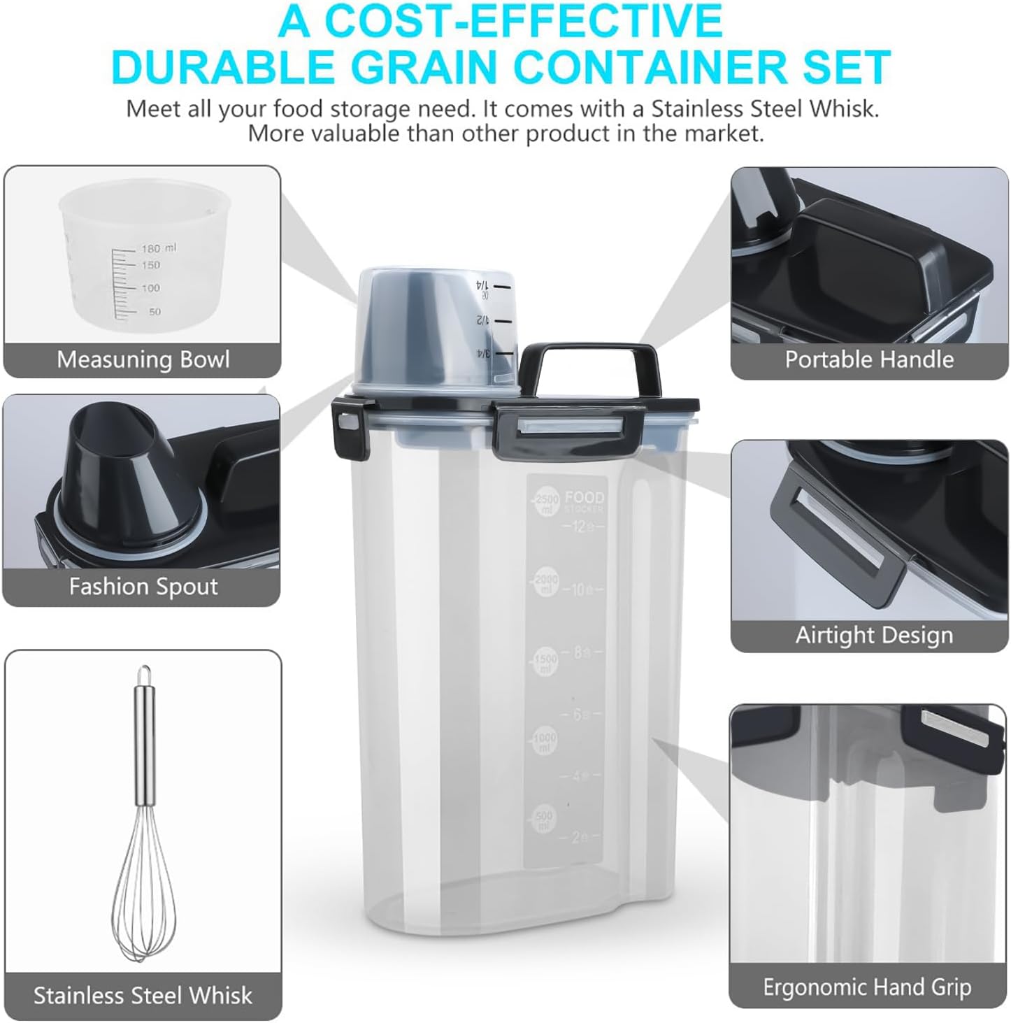 Rice Airtight Dry Food Storage Containers, BPA Free Plastic Storage Bin Dispenser with Pourable Spout, Measuring cup for Cereal, Flour and Baking Supplies, Include a Stainless Steel Whisk - Image 3