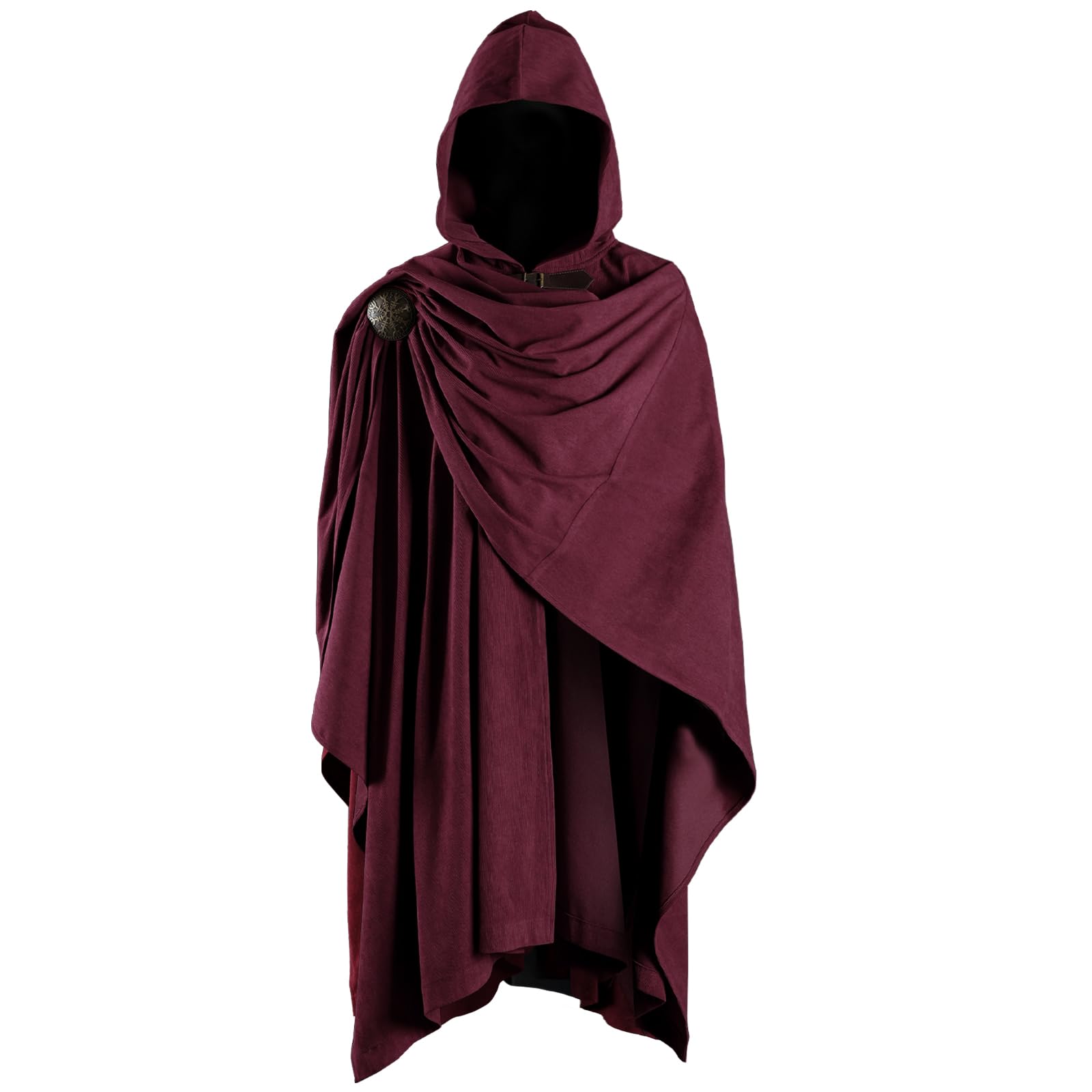 Hiifeuer Women's Red Medieval Corduroy Hooded Cloak With Adjustable Brooch, Fantasy Poncho Renaissance Costume Cape Ren Faire Cosplay (Red)