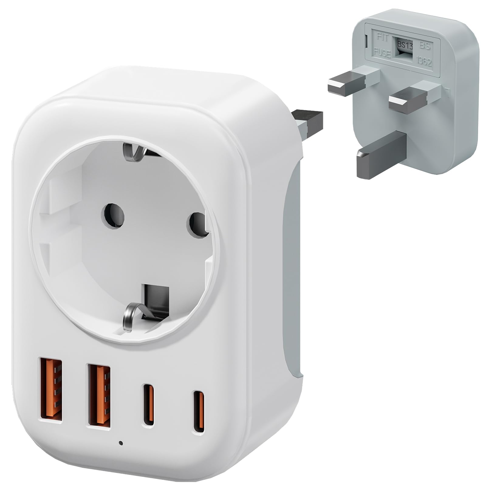 Bigfish Adapter Anglii Niemcy wtyczka z 2 USB-C i 2 USB-A (3,4 A), adapter UK adapter do gniazda wtykowego Anglia, adapter podróżny UK typ G do UE do Anglii/Szkocji/Irlandii/Dubaju/Maldives