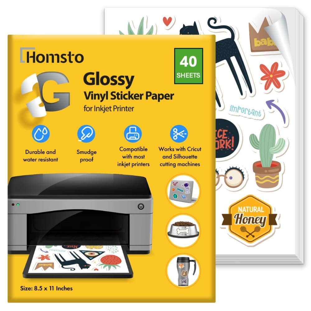 Printable Vinyl Sticker Paper for Inkjet Printer - Self Adhesive Glossy Waterproof Sticker Paper - 40 Sheets 8.5x11 - Easy Cut & Peel, Premium Quality