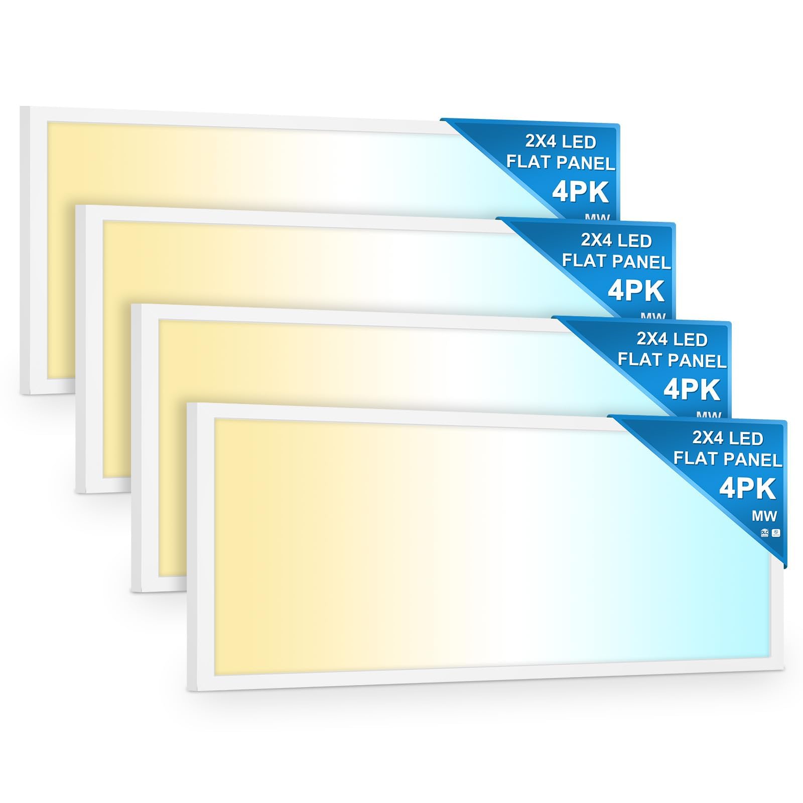 mw 4 Pack 2x4 LED Flat Panel Light 0-10V Dimmable, 3500K/4000K/5000K Selectable, 30/40/50W, Commercial Warehouse Fixture for Office,School, Shop, 120-
