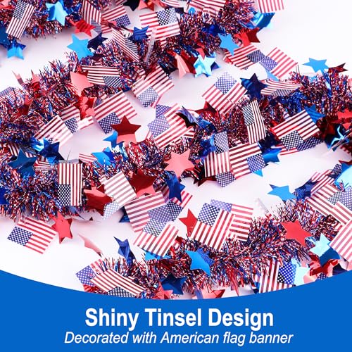 Image of 50FT 4th of July Decorations Red White Blue Star American Flag Tinsel Garland, Glitter Patriotic Garland for Memorial Day Decor Fourth of July Independence Day Outdoor Indoor Home Party Supplies