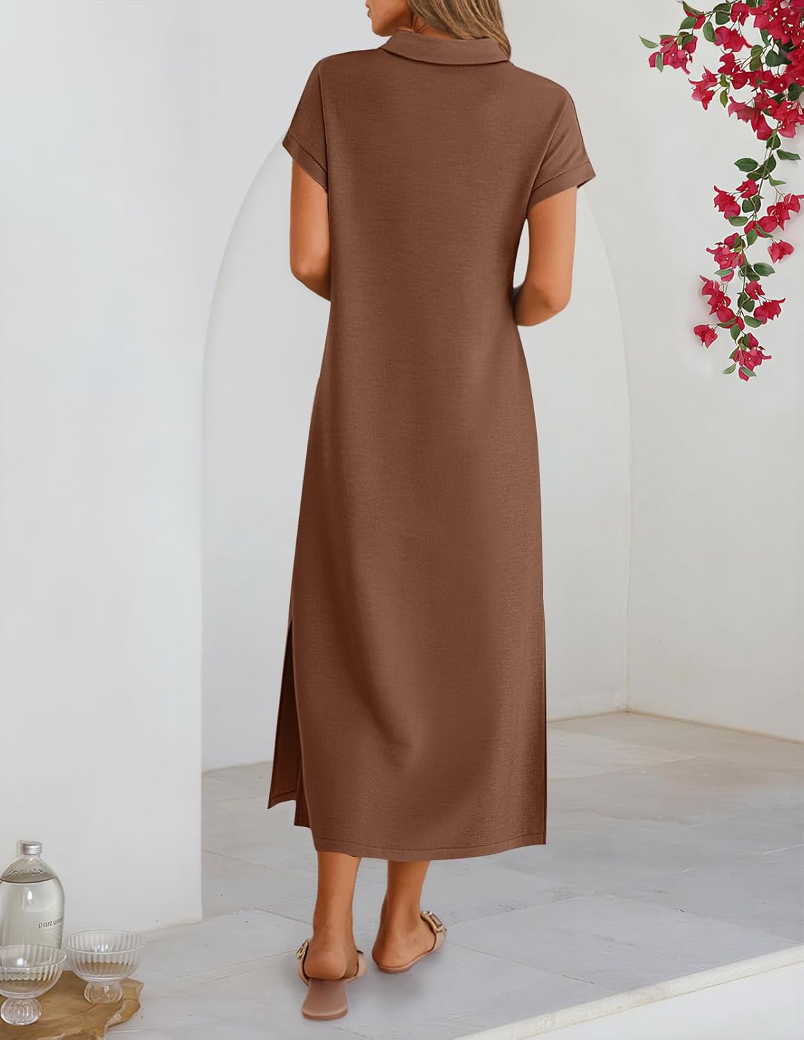 MEROKEETY Women's Summer Casual Maxi Dress 2026 Cap Sleeve V Neck Collared Beach Vacation T Shirt Long Dresses - Image 4