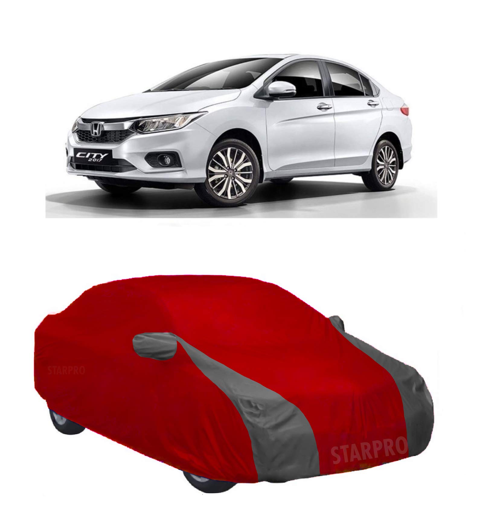 SHIVRAT Presents Semi Waterproof and Dustproof Car Body Cover Compatible with Honda City All Variants_Red & Grey Design with Mirror Slots