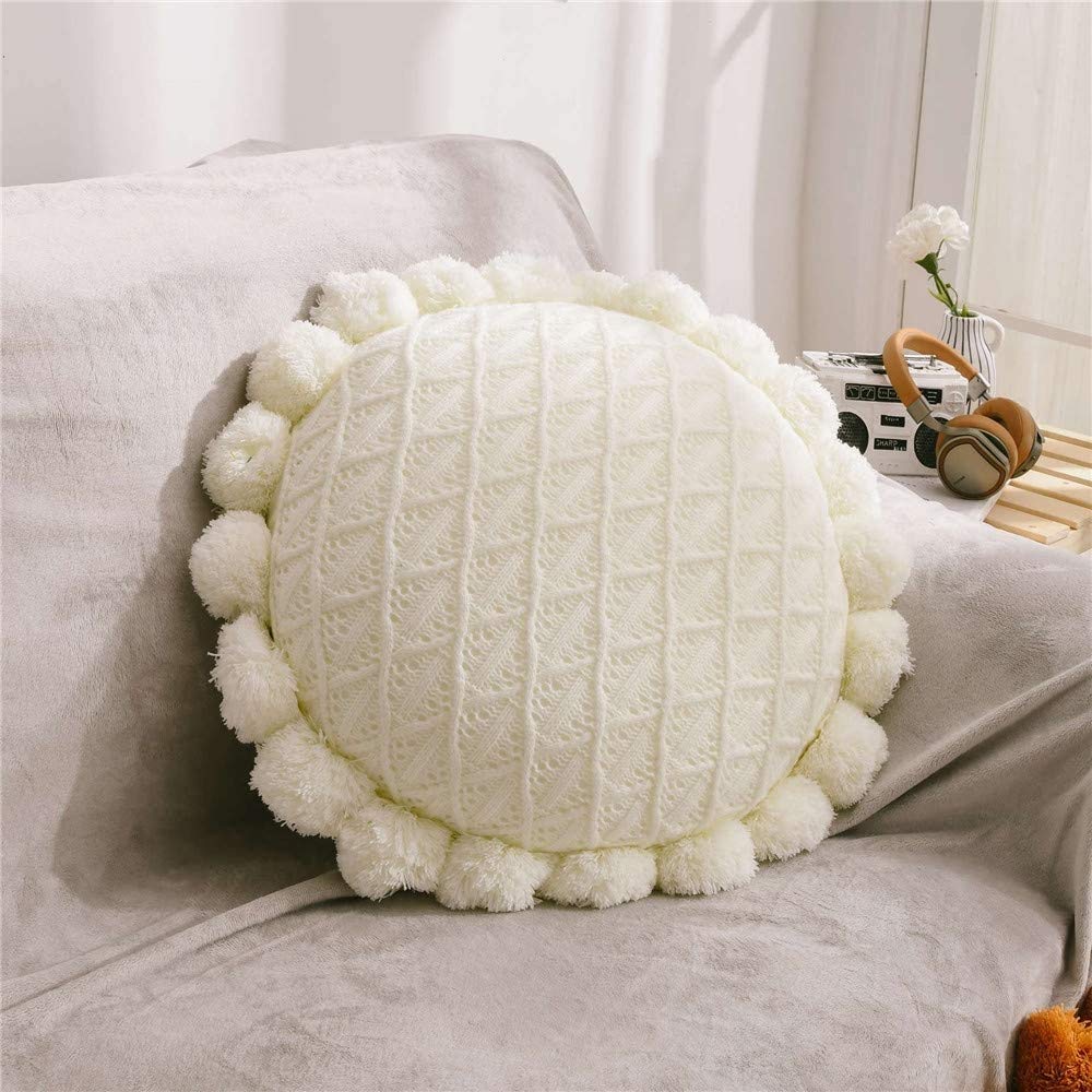 MiDuoHU Round Futon Cushions, Boho decorative cushion with Pompoms, Woven Pillows For Home Sofa Decor(White)