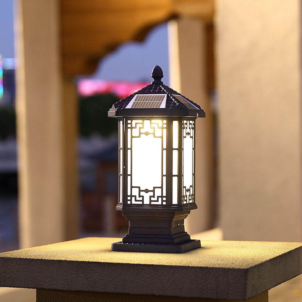 Zewnętrzna lampa solarna – aluminiowa lampa stojąca, latarnia zewnętrzna z podstawą montażową filaru 15 cm, oświetlenie zewnętrzne na werandzie, do ogrodu, na podwórko, patio