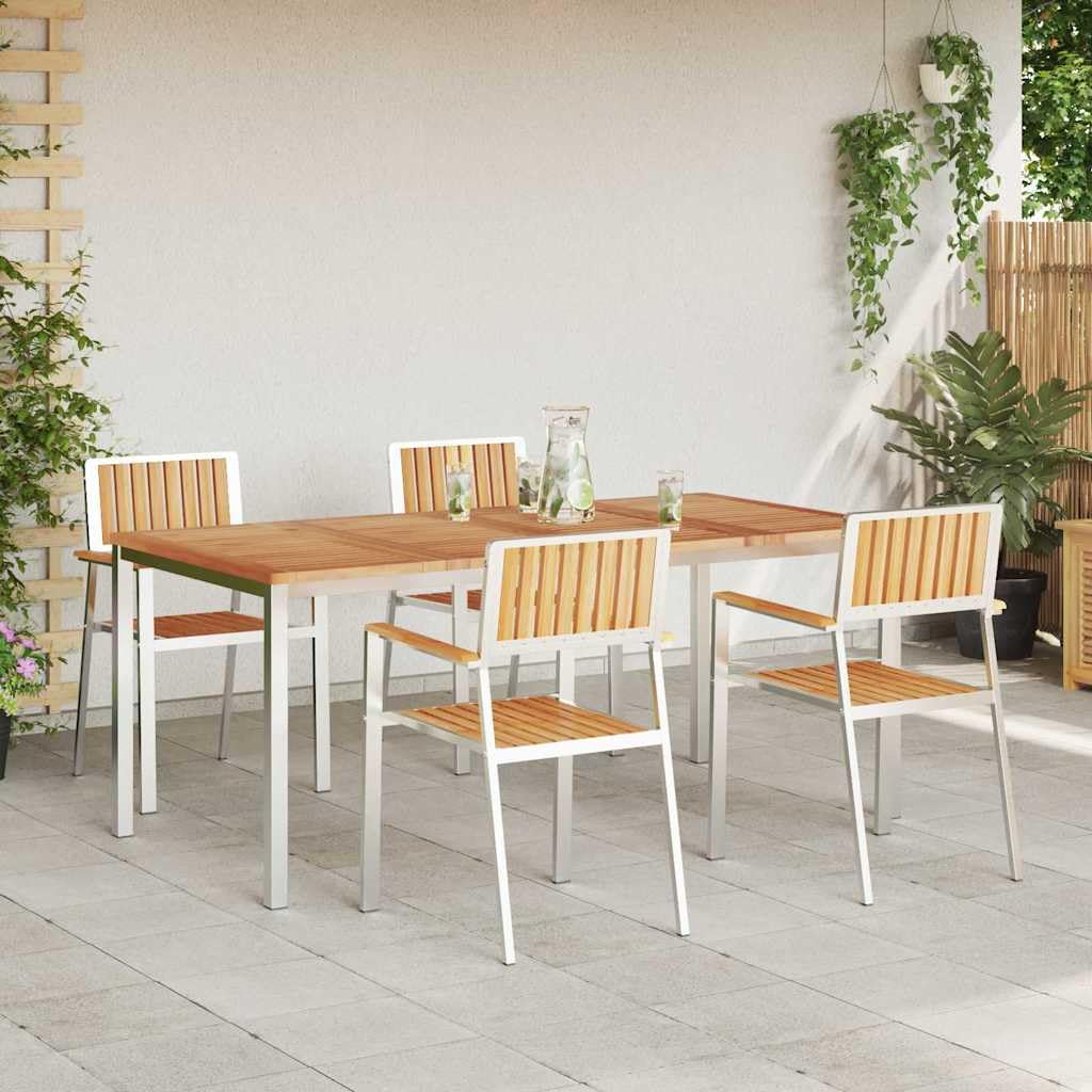 5-częściowy zestaw stołów outdoorowych, brązowe, lite drewno tekowe, stół ogrodowy, stół tarasowy z ramą ze stali nierdzewnej, na taras, balkon, do ogrodu, idealny do jedzenia, pikniku i