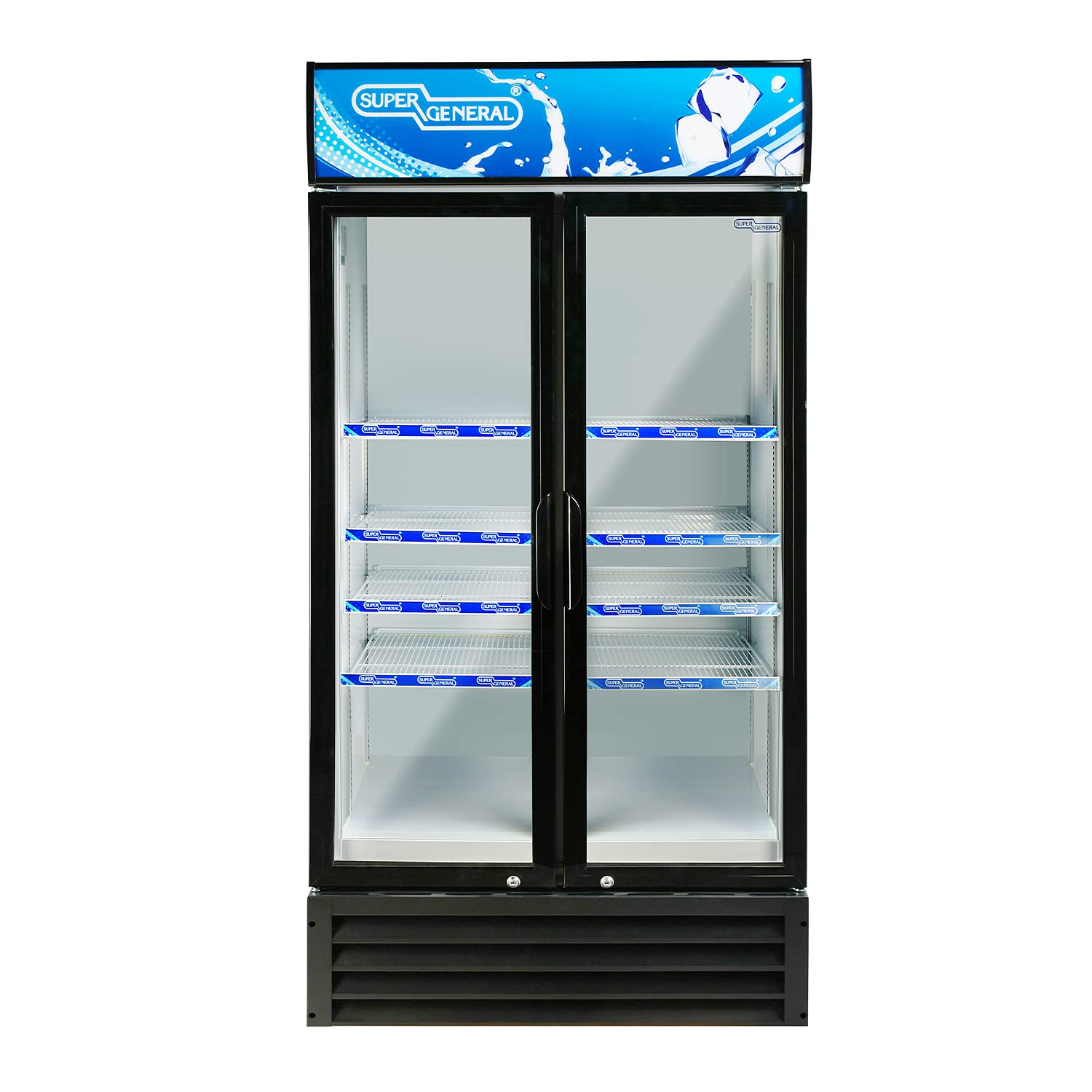 Super General 800 Liter Gross Double-Door Chiller SGSC818IF, Upright Beverage Showcase, Energy saving, Low Noise, 8 Shelves, Lock and Key, 94 W cm x 63.5 D cm x 198.3 H cm, White/Black,